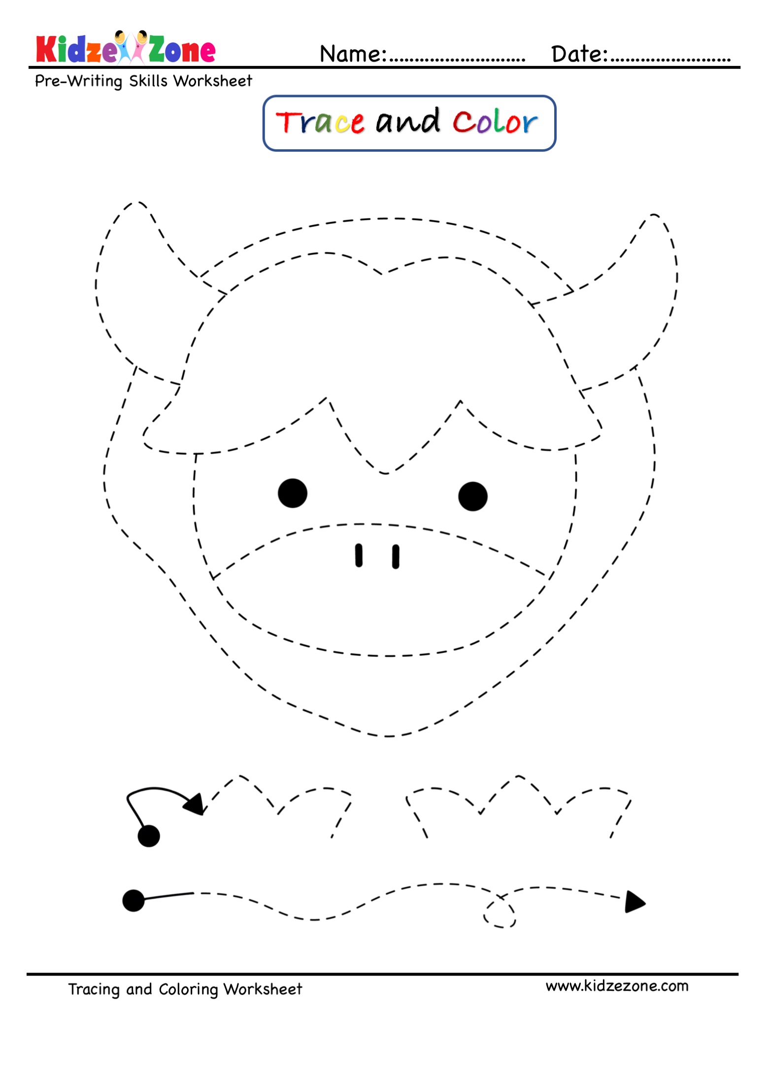 Bull Cartoon Trace and Color Worksheet KidzeZone