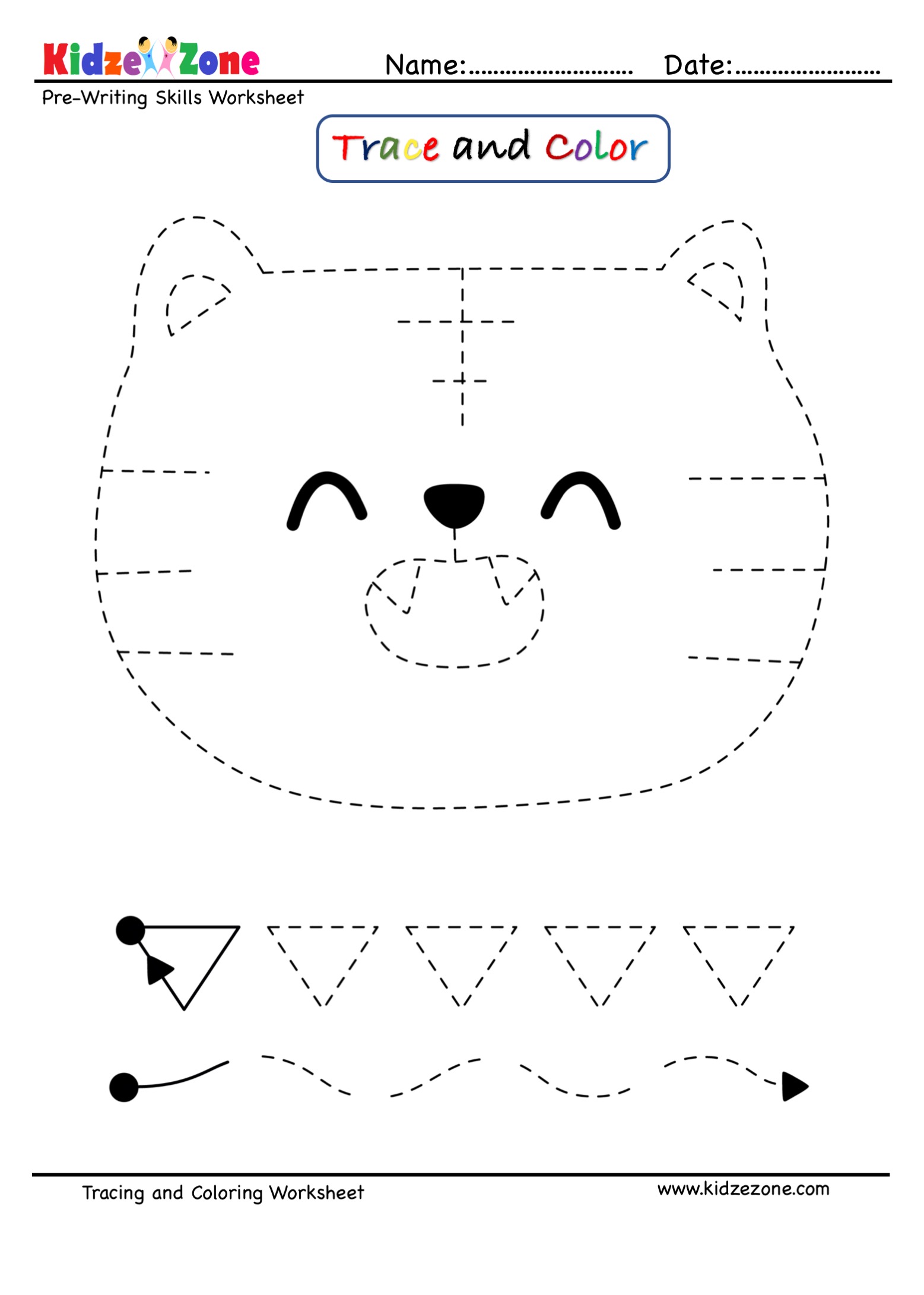 Tiger Cartoon Trace and Color Worksheet - KidzeZone