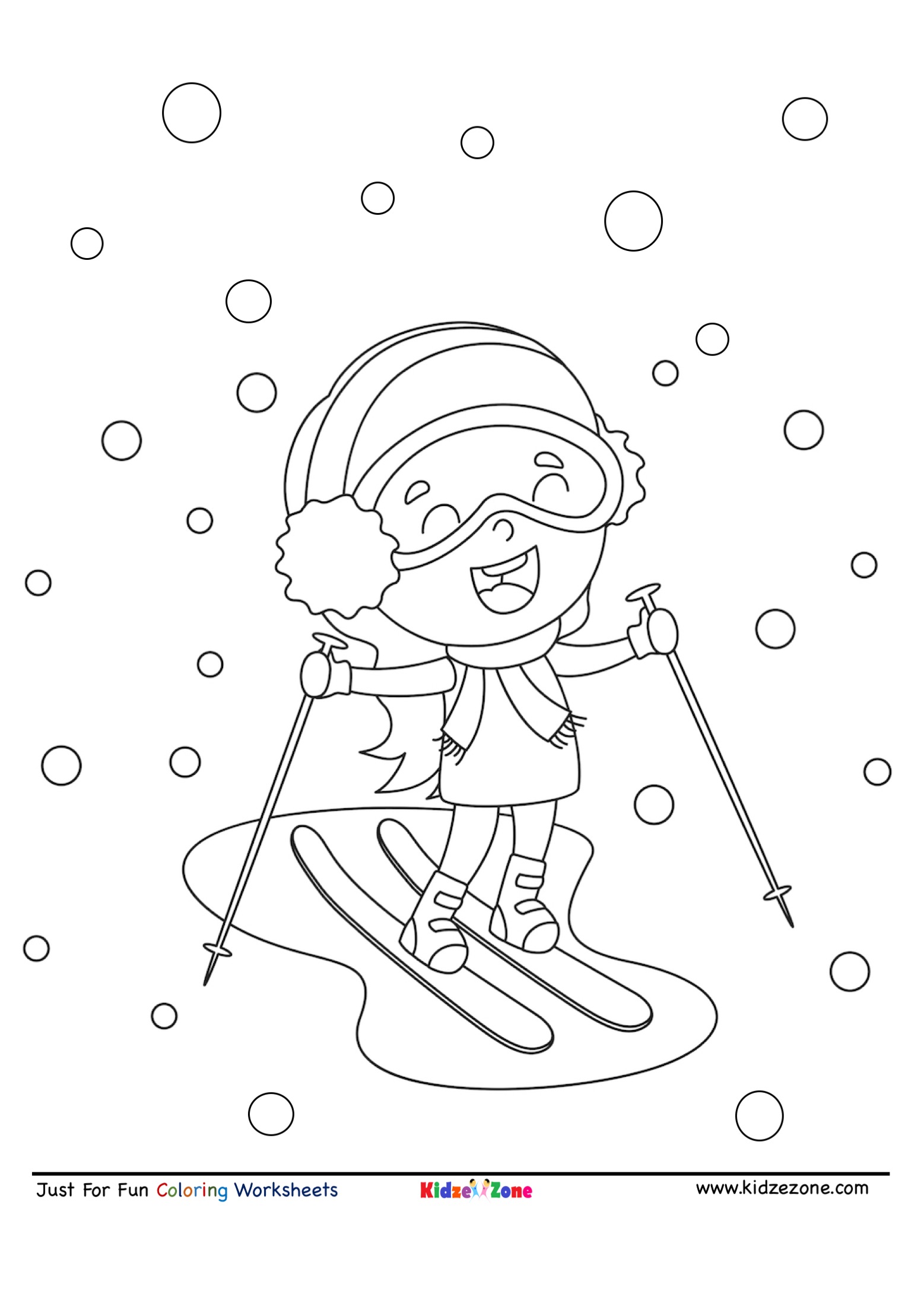 Girl Skiing in snow cartoon coloring page KidzeZone
