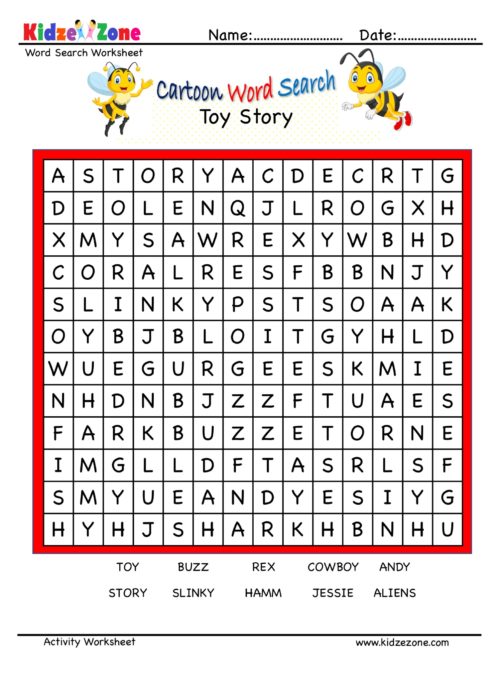 Toy Story Cartoon Word Search Worksheet KidzeZone
