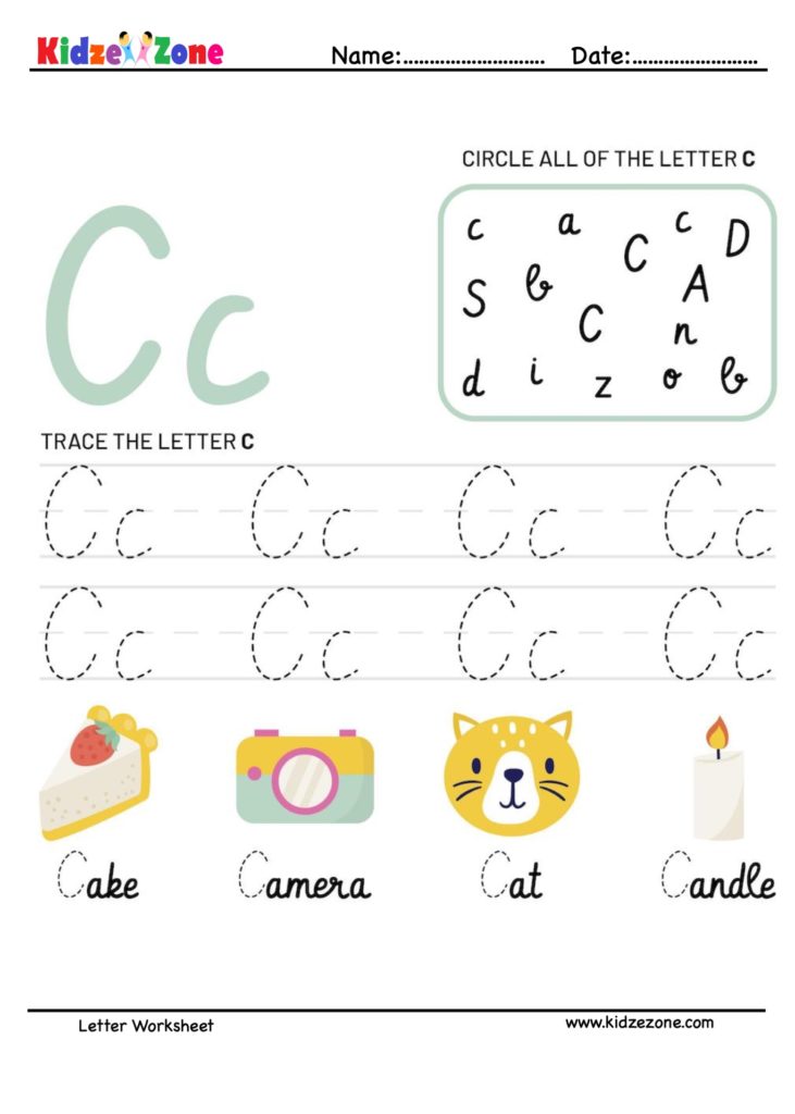 Letter C Tracing and Fun Worksheet - KidzeZone