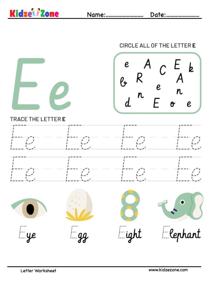 Letter E Tracing and Fun Worksheet KidzeZone