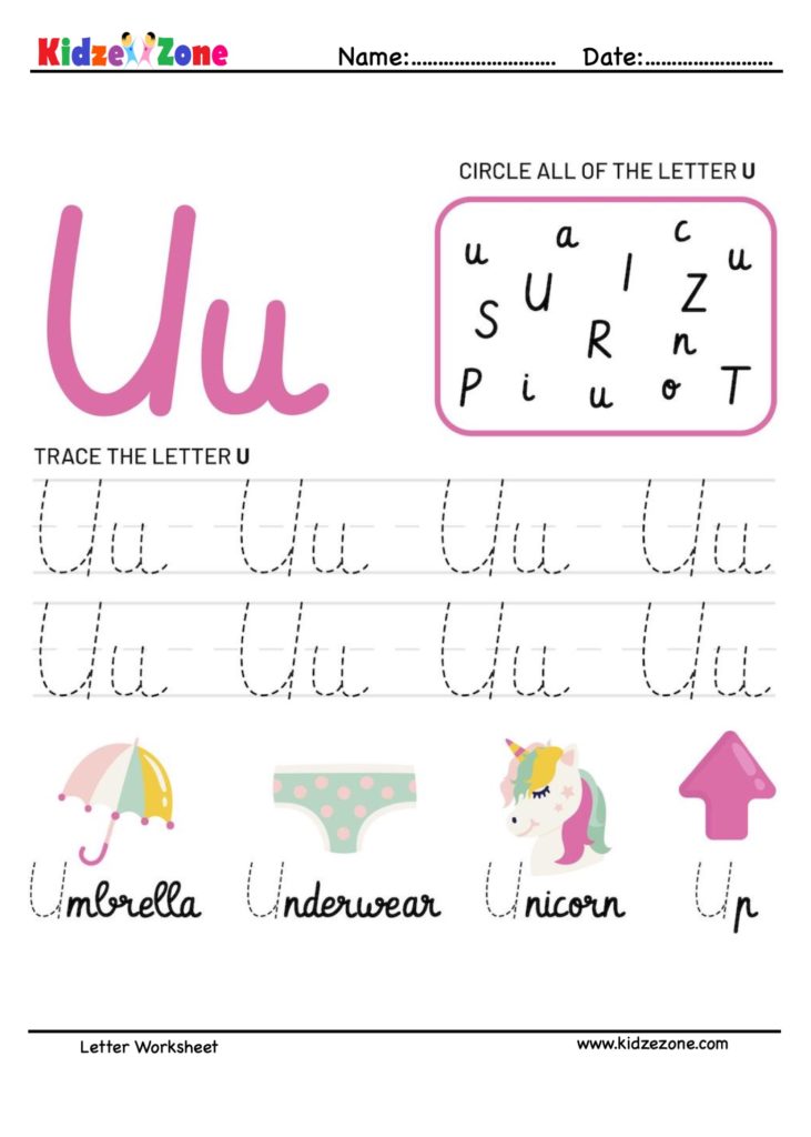 Letter U Tracing and Fun Worksheet KidzeZone