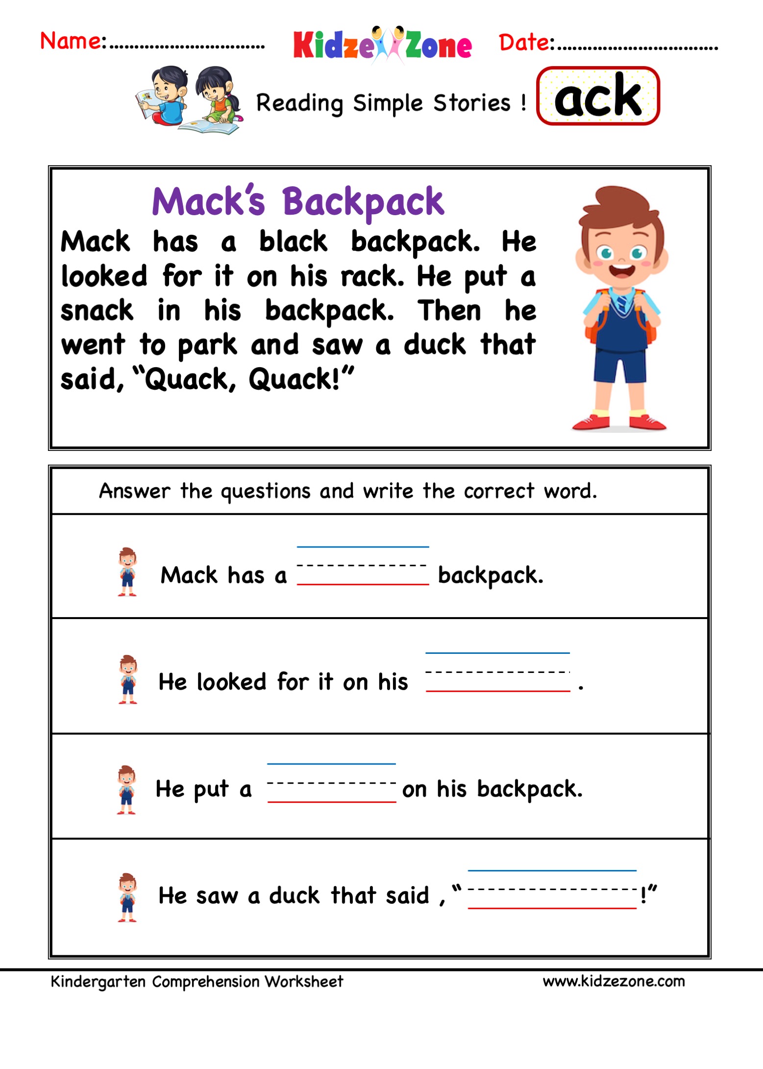 Kindergarten comprehension worksheets for all word families
