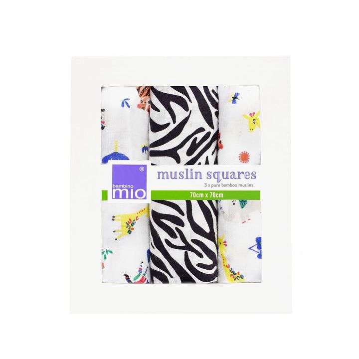 NEW! Bambino Mio Bamboo Muslin Squares 3pk Safari Celebration