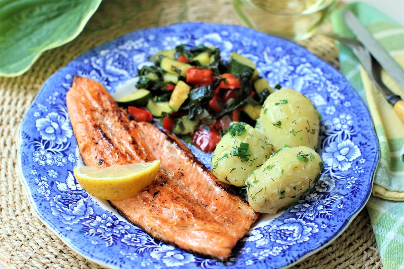 Trout Fillet Dinner on Blue Plate
