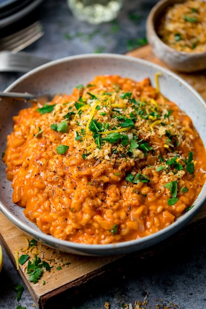 Creamy Tomato Risotto with Crispy Garlic Crumbs
