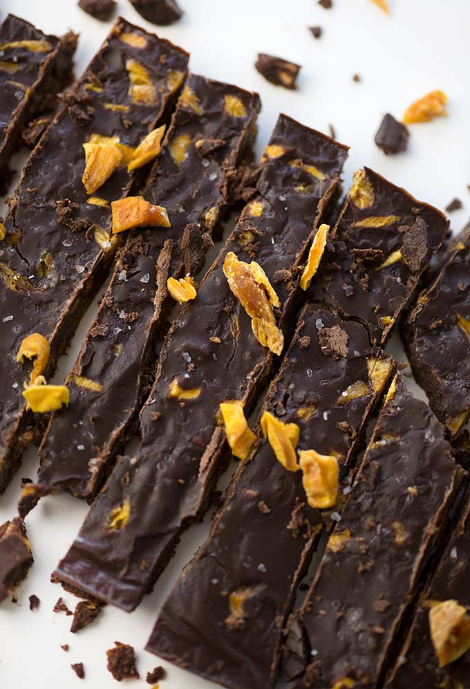 Salted Dark Chocolate with Mango – dairy-free chocolate bursting with chunks of dried mango and sprinkled with sea salt. Just one of many Paleo Dark Chocolate Treats!