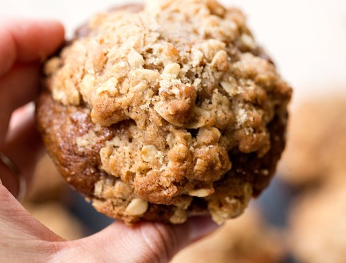 Apple Zucchini Streusel Muffins: Grated apple and zucchini baked into an oatmeal cinnamon streusel-topped whole wheat muffin.