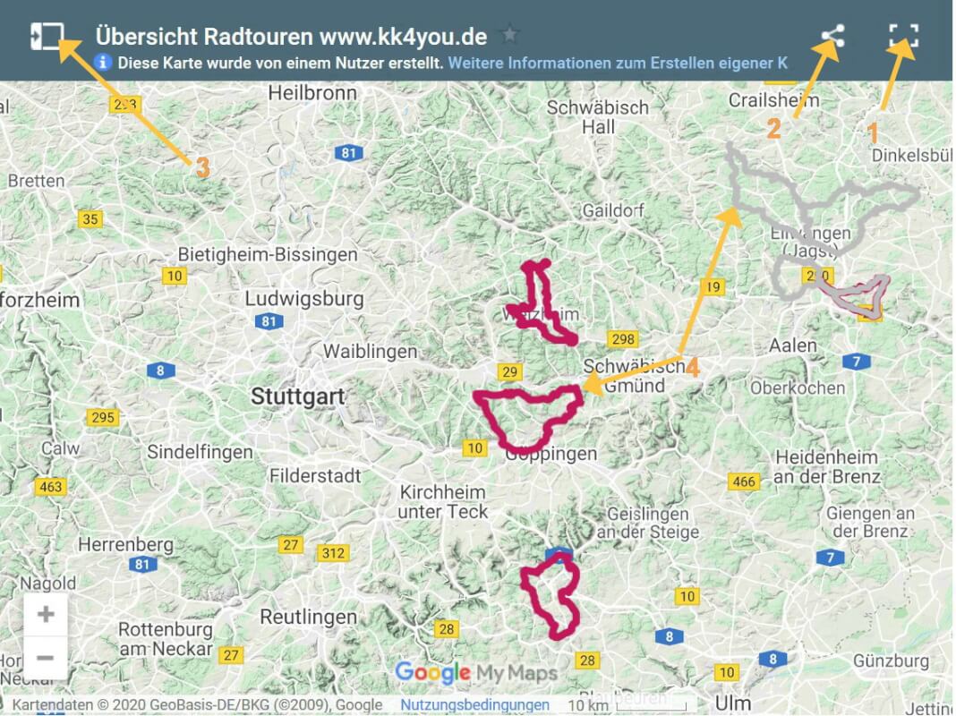 Kartendarstellung Google Maps Übersicht Radtouren und Hilfestellung zur Handhabung KK4YOU