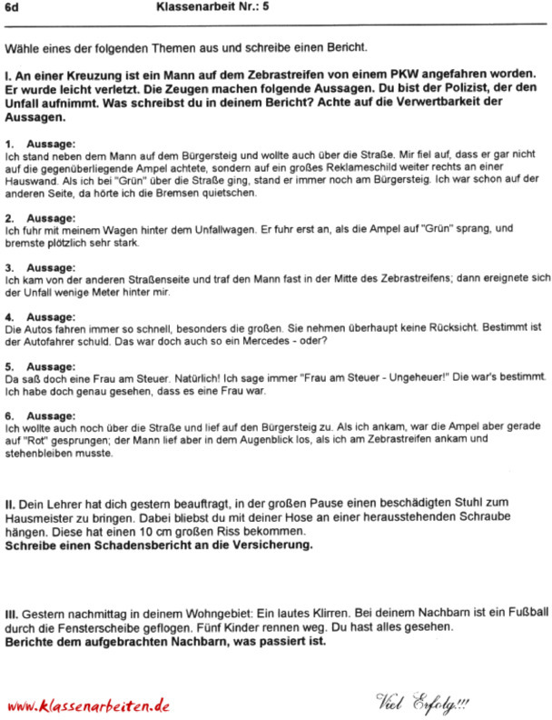Klassenarbeit zu Bericht schreiben