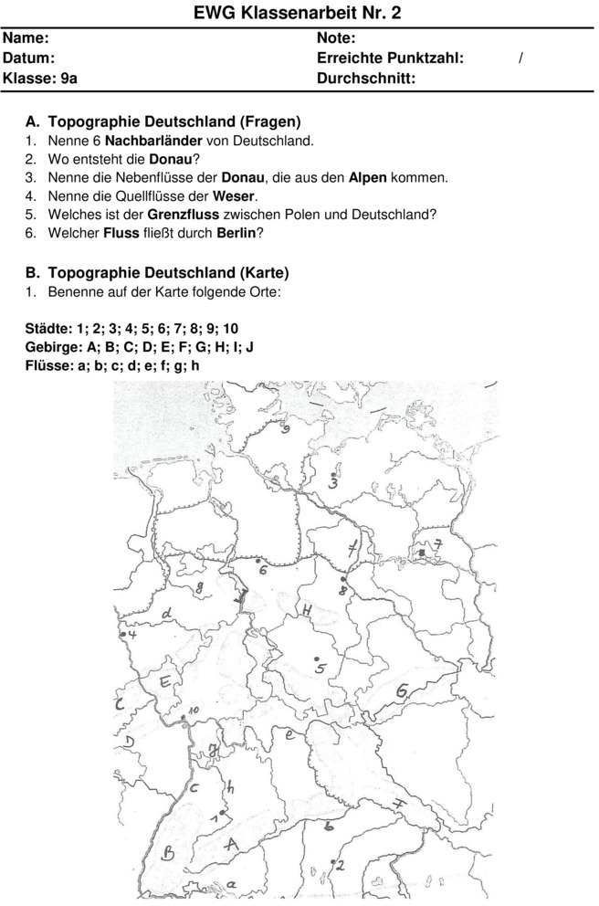 Klassenarbeit zu Topographie Deutschland