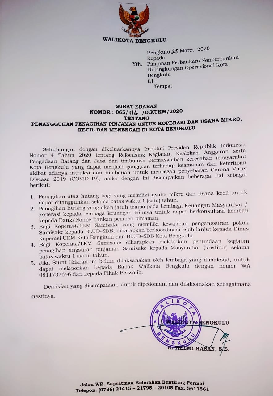 Wali Kota Bengkulu Terbitkan Surat Edaran Penangguhan Penagihan Pinjaman |  Klik Warta