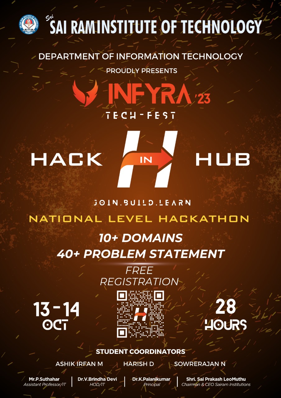 Upcoming Events 2025 In Chennai For Students HACK IN HUB'23, Sri Sairam Institute of Technology, Hackathon, Chennai