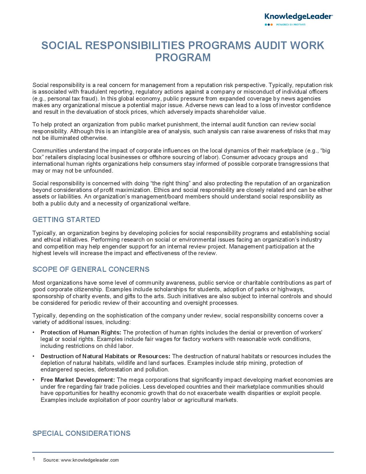 Social Responsibilities Programs Audit Work Program | KnowledgeLeader