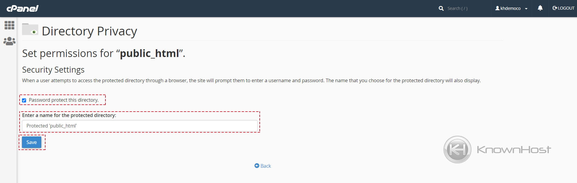 How to set up Directory Privacy in cPanel? KnownHost