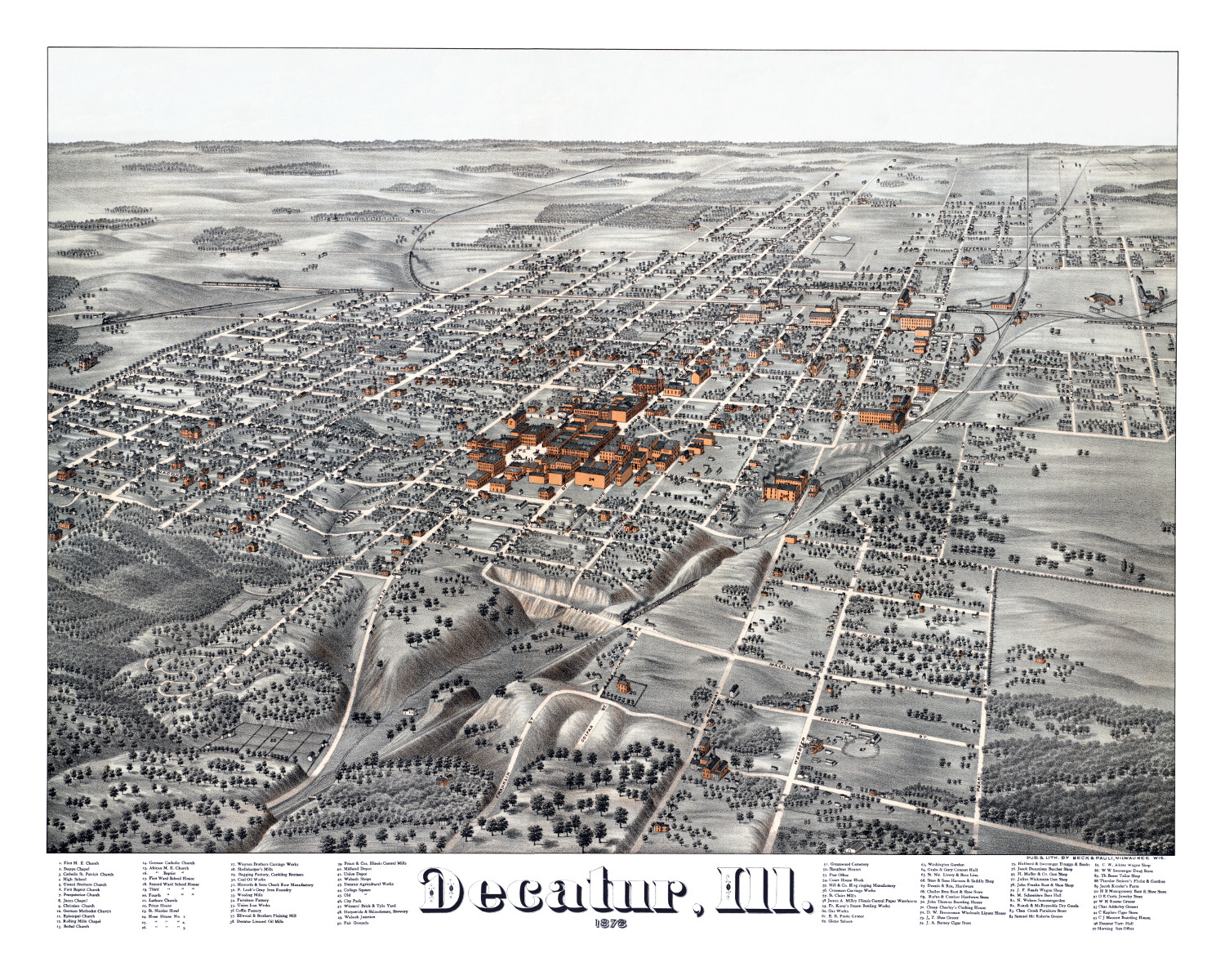 Historic map shows bird’s eye view of Decatur, Illinois in 1878