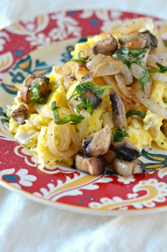 Scrambled Eggs with Caramelized Onions, Mushrooms, and Fresh Basil