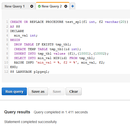 Stored Procedures on Amazon Redshift unterminated dollarquoted string