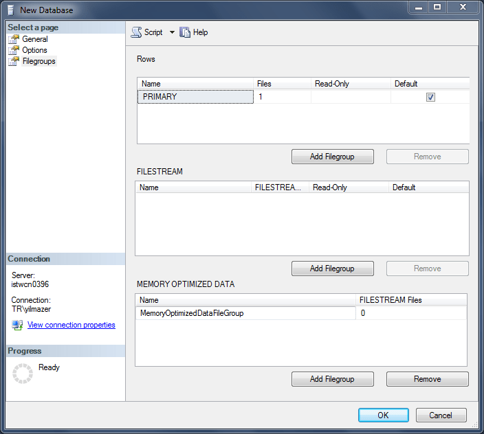 Create InMemory Database in SQL Server 2014