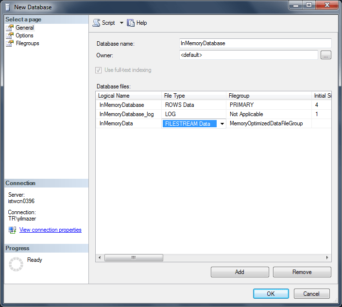 Create InMemory Database in SQL Server 2014