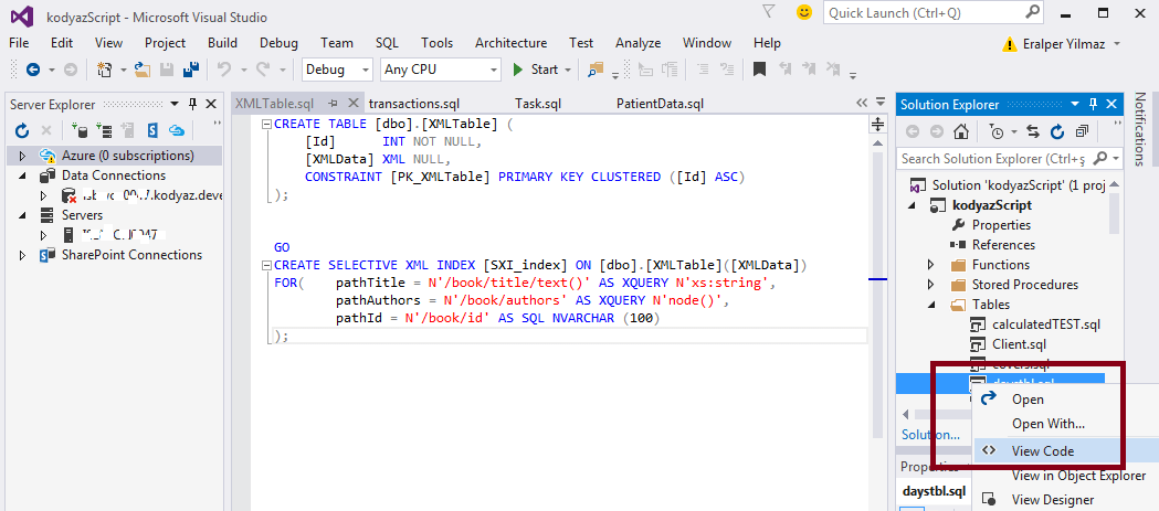 Create SQL Server Database Object Script using Visual Studio 2015