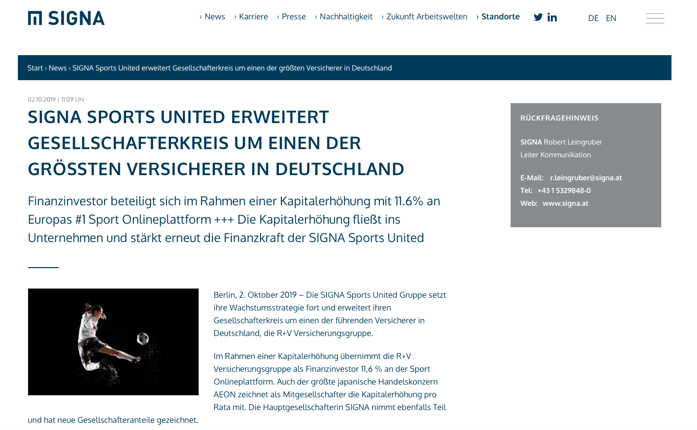 Investment in SIGNA Sports United GmbH durch R+V Versicherung News