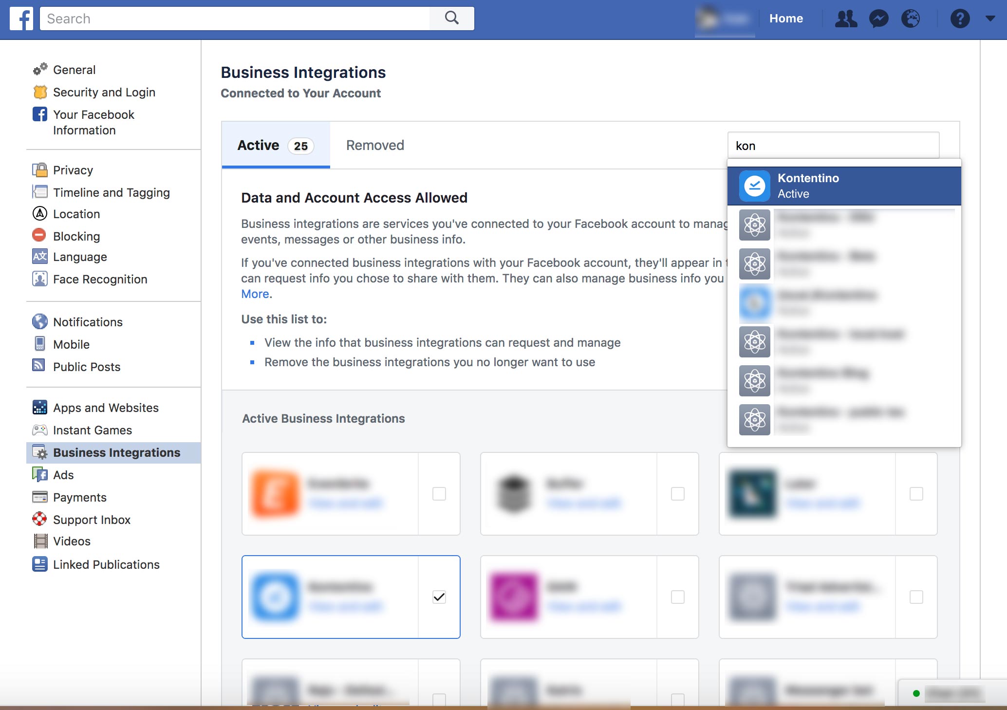How to "Remove Business Integration" of Kontentino from