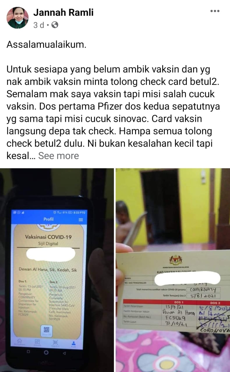 JKN Kedah akui jururawat tersilap beri suntikan Sinovac