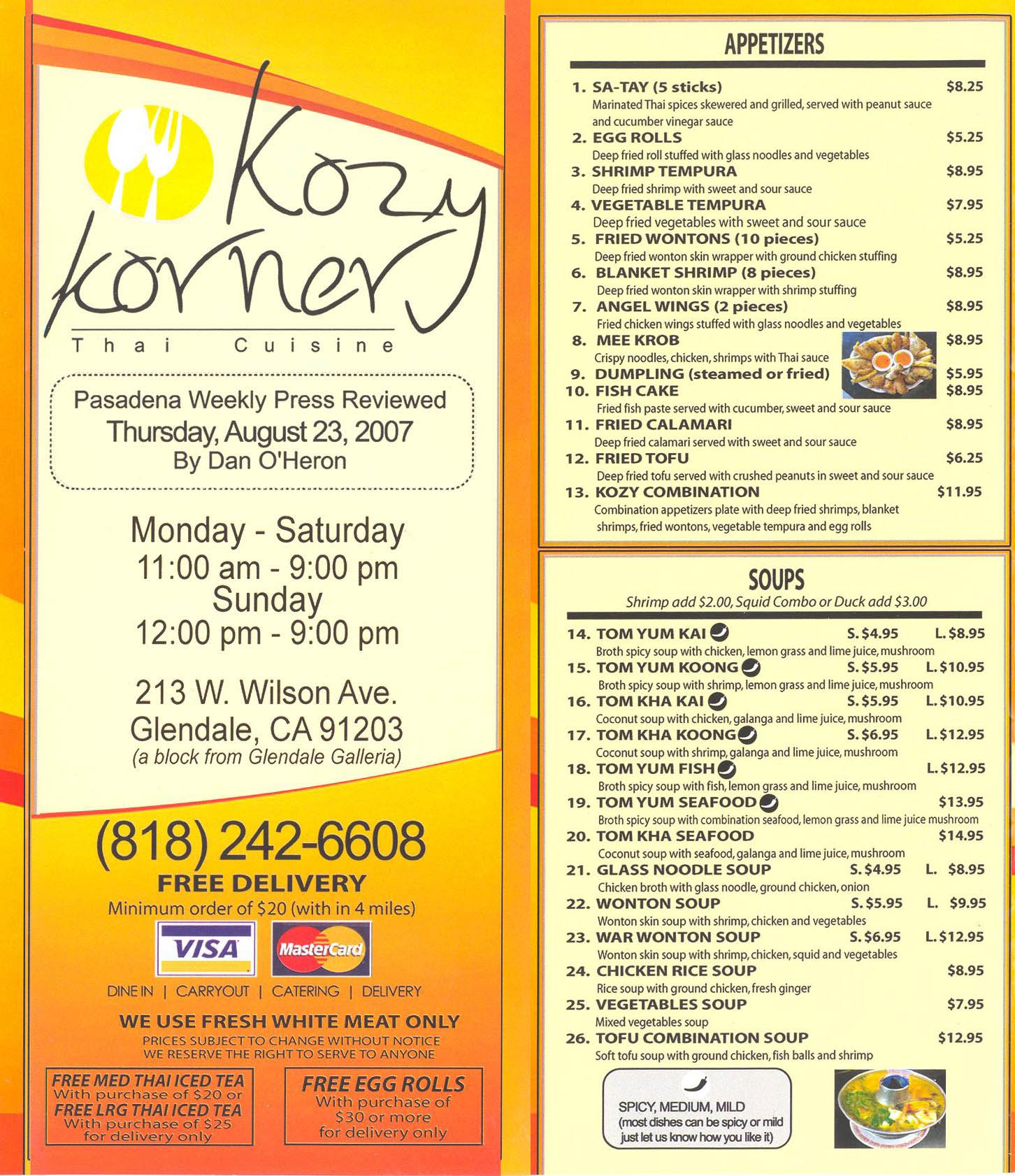 to Kozy Korner 213 W Wilson Ave, Glendale, CA 91203 Tel (818