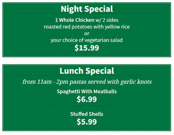 Pita and Pizza Specials and APP