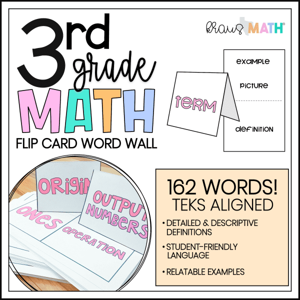3rd Grade Math FLIP CARD Word Wall TEKS Aligned Kraus Math
