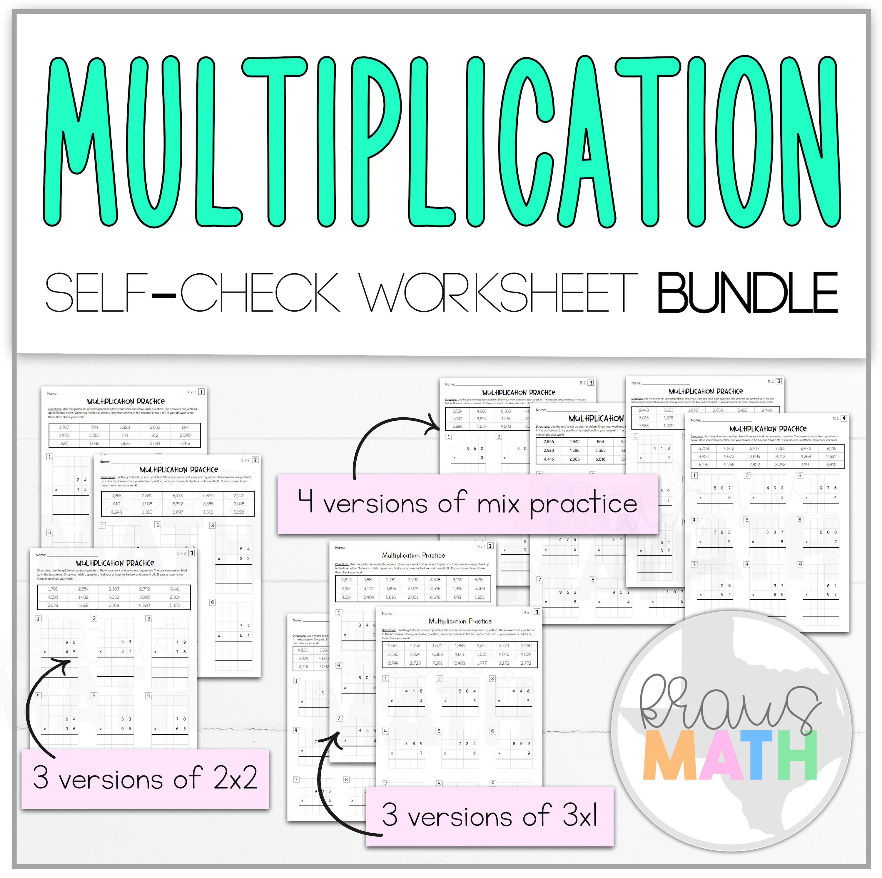 Multiplication 2x2 & 3x1 SelfCheck Worksheet BUNDLE! (TEKS 4.4D