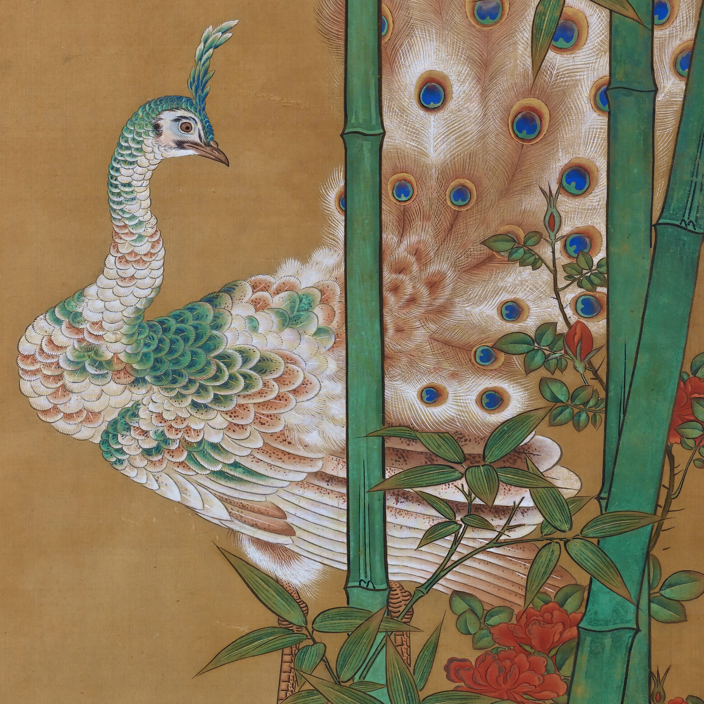 19th Century Japanese Silk Painting by Kano Chikanobu. Peacock & Bamboo