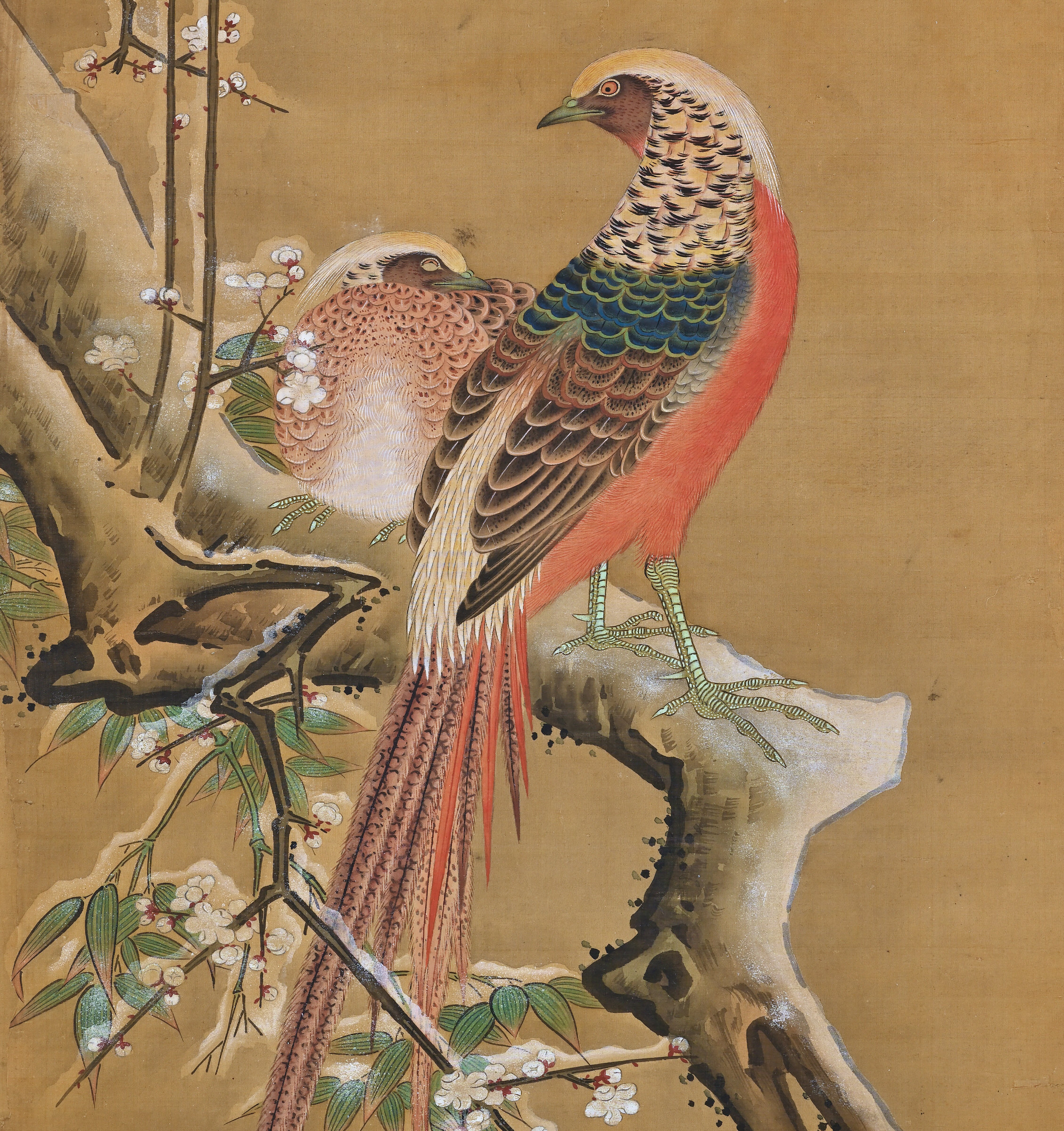 19th Century Japanese Silk Painting. Pheasants & Plum in Snow.