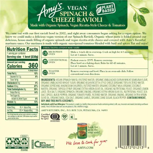 Amy's Vegan Spinach & Cheeze Ravioli, 8.4 oz Fry’s Food Stores