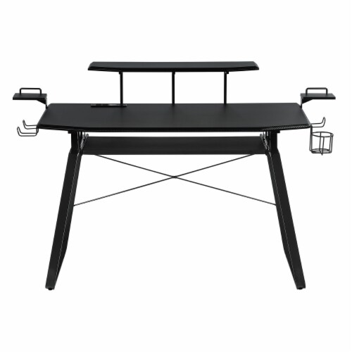 59 Inch Gaming Desk, Shelves and Tray, USB Ports and AC Outlets, Gray