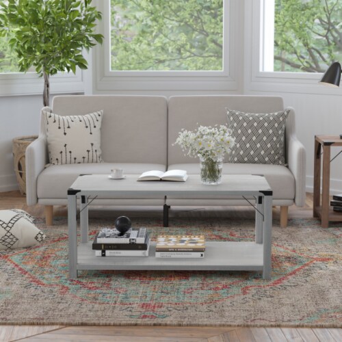 Wyatt Modern Farmhouse Wooden 2 Tier Coffee Table with Black Metal