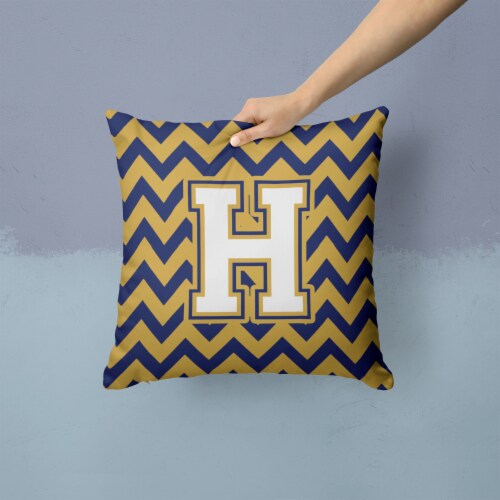 Letter H Chevron Navy Blue and Gold Fabric Decorative Pillow, 14Hx14W