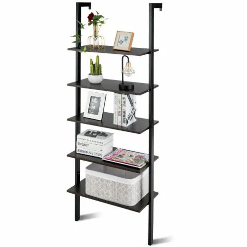 5Tier Ladder Shelf Wood Wall Mounted Bookshelf W/Metal Frame Display