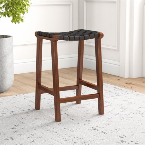Phuket Mid Century Modern Saddle Genuine Leather Counter Stool in Black