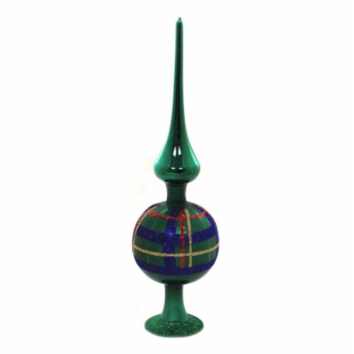 Inge Glas Forest Green Plaid Finial Glass Tree Topper Free Standing
