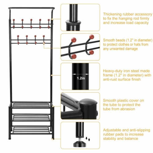 Metal Entryway Coat Shoe Rack Hall Tree With 3Tier Shoe Bench Shoe Storage 18 Hooks Coat Ha, 1
