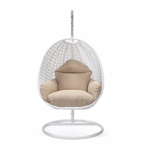 LeisureMod ESCW40BG White Wicker Hanging Egg Swing Chair, Beige, 1