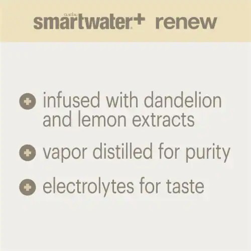 Smartwater+ Renew Vapor Distilled Electrolyte Dandelion Lemon Flavored Bottled Water, 23.7 fl oz