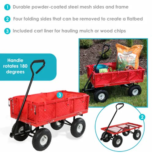 Sunnydaze Red Small Steel Garden Cart with Folding Sides/Polyester