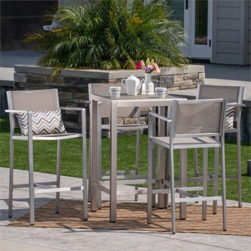Noble House Cape Coral Outdoor 5 Piece Glass Top Aluminum Bar Set in