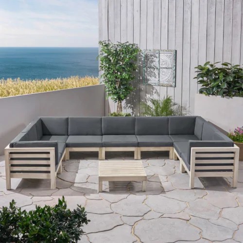 Ava Outdoor 9 Seater Acacia Wood Sectional Sofa Set, Weathered Gray