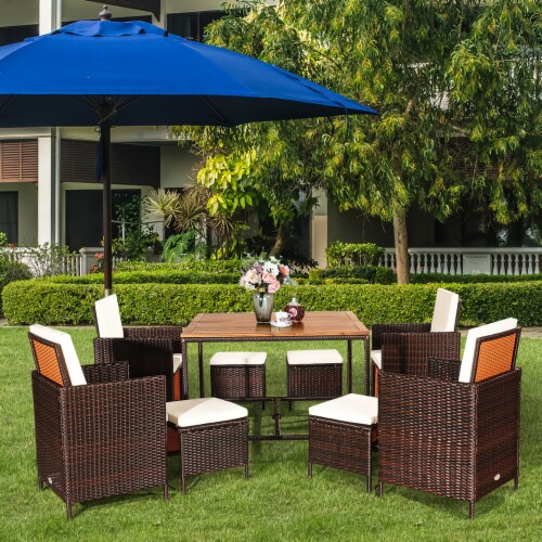9PCS Patio Rattan Dining Set Cushioned Chairs Ottoman Wood Table Top White, 1 unit Kroger