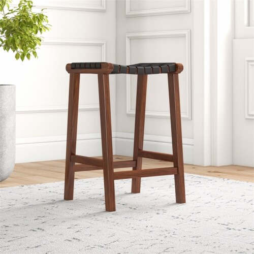 Phuket Mid Century Modern Saddle Genuine Leather Counter Stool in Black